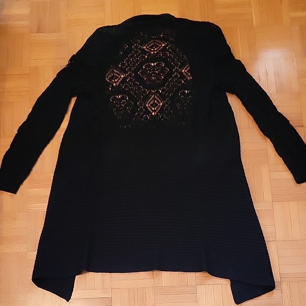 Belldini Black Elegant Open Cardigan Sweater, Crochet Lace Back & Sleeves, M - Picture 10 of 16